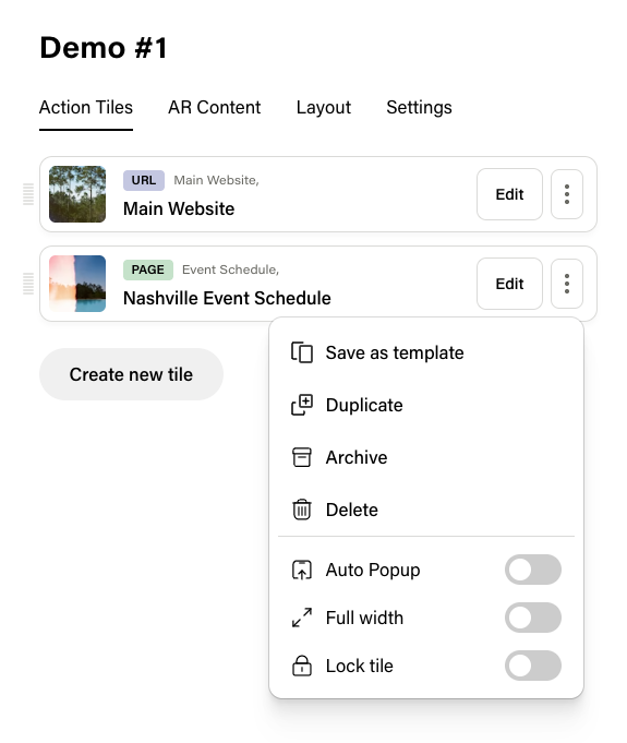 Action Tile additional options menu