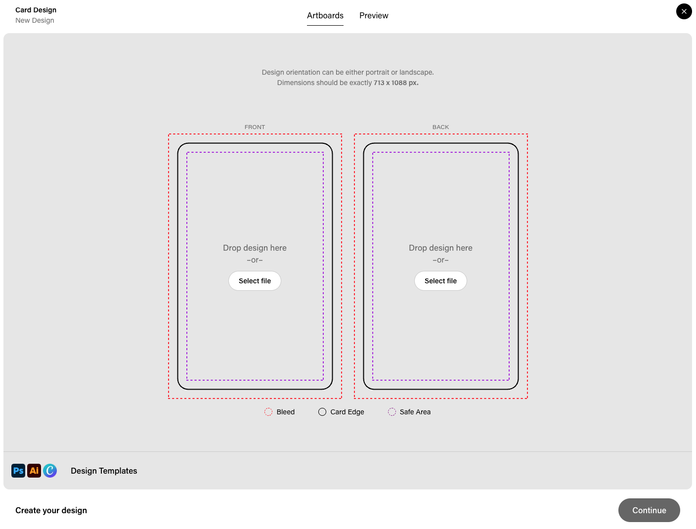 Card Design artboards showing front and back design upload areas