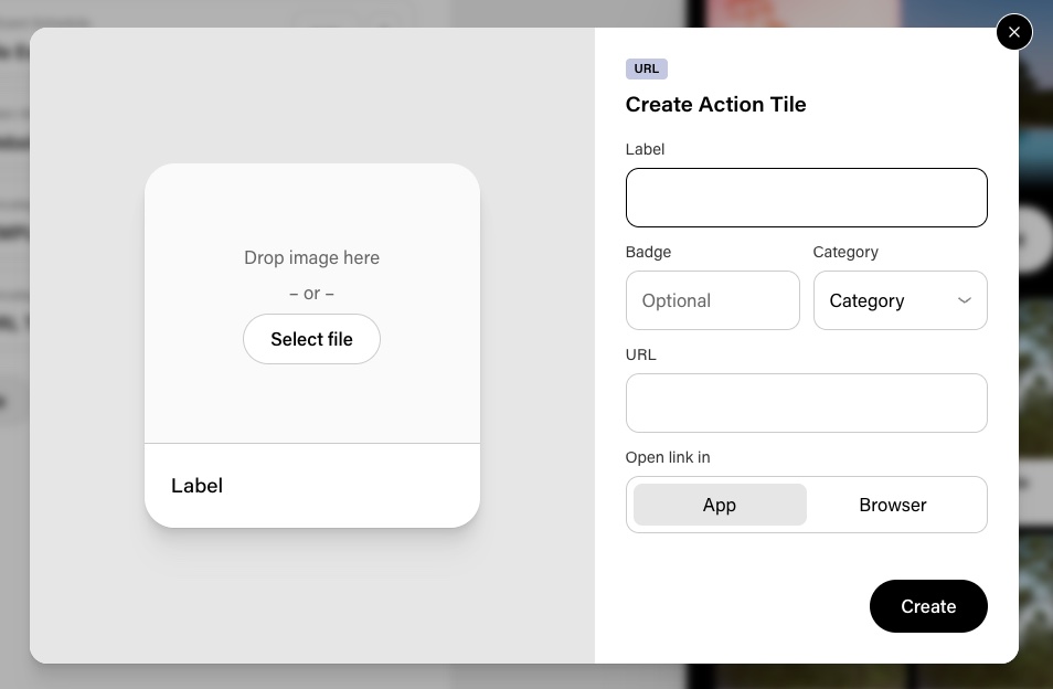 Create Action Tile modal