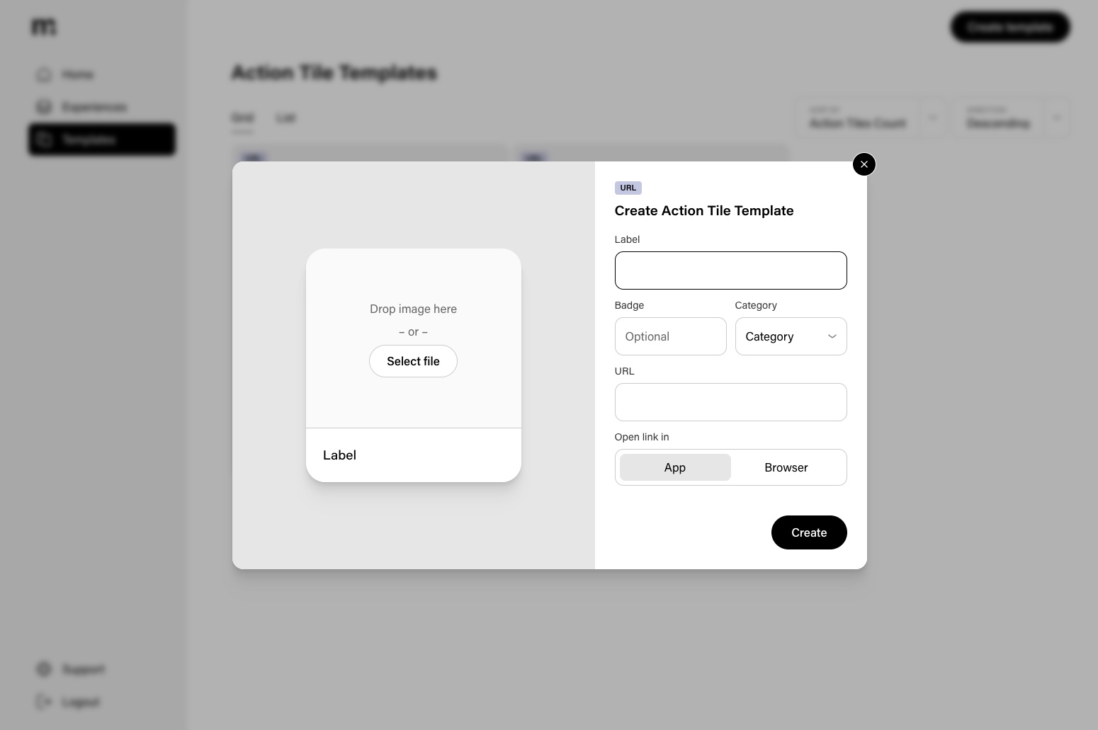 Create Action Tile Template modal