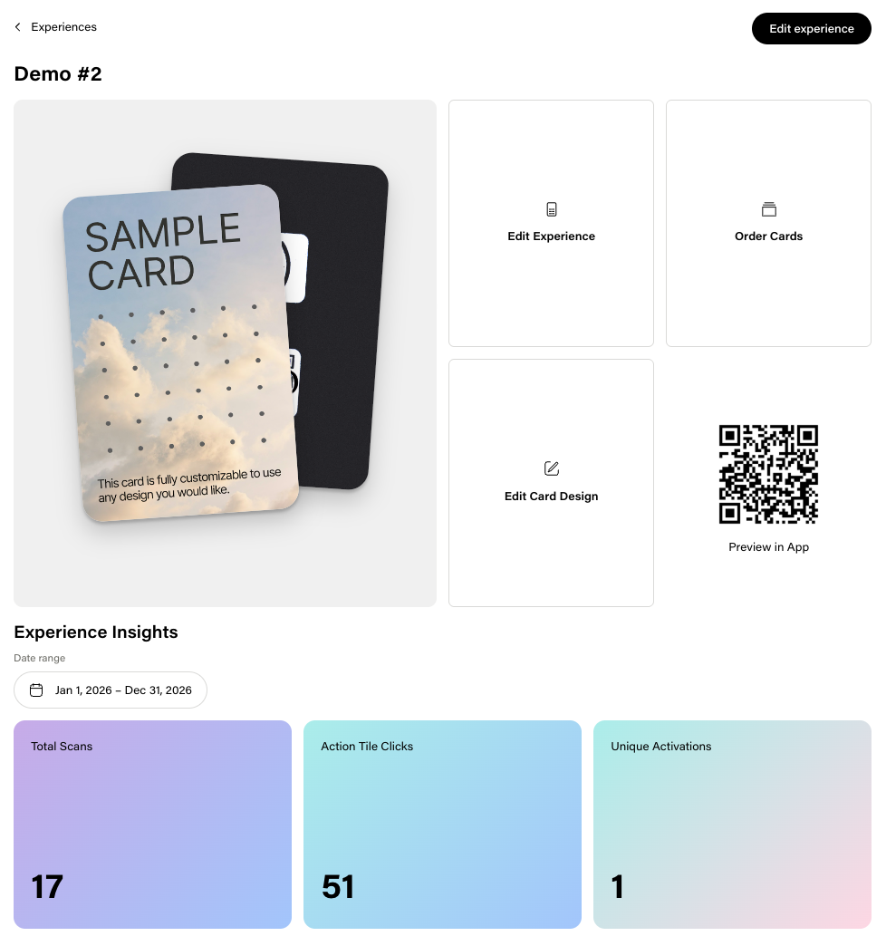 Experience Overview showing card preview, Edit Experience, Order Cards, Edit Card Design, and Experience Insights