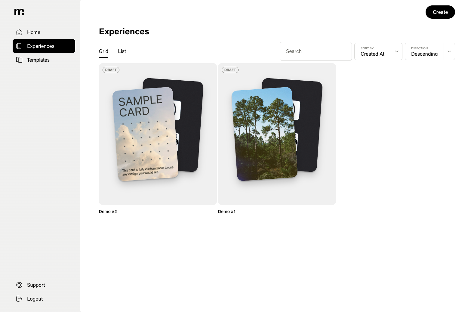 Experiences page in grid layout