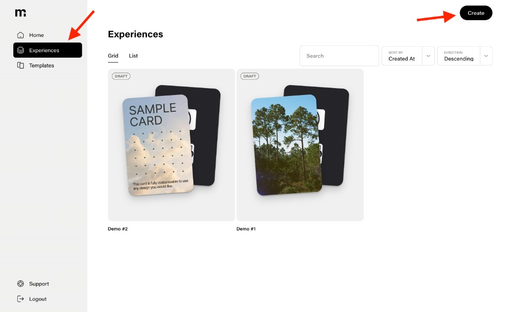 Experiences page with sidebar and Create button